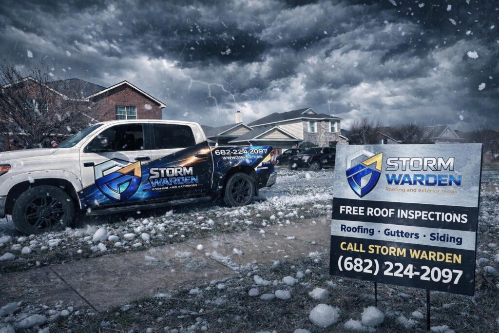 Storm Warden Truck in a hail storm next to a yard sign.